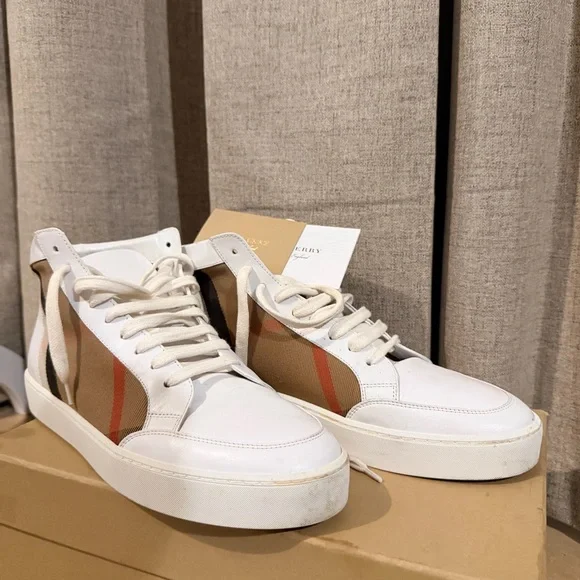 Burberry White and Tan High-Top Sneakers - Picture 3 of 6